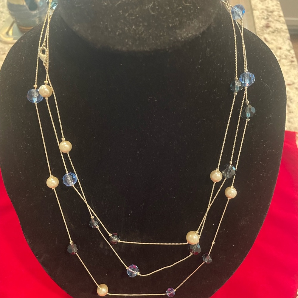Pearl, Blue Crystal and Silver Necklace